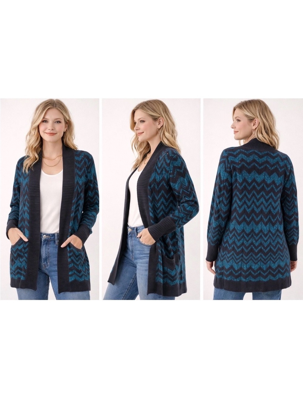 Missoni for Target Blue Zigzag Knit Open Front Longline Cardigan Sweater Pocket - Picture 2 of 5